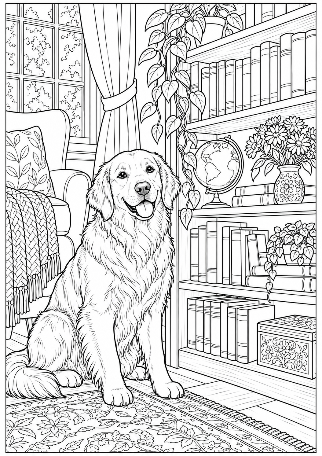 Een hond bij de boekenkast — zwart-wit kleurplaat voor volwassenen
