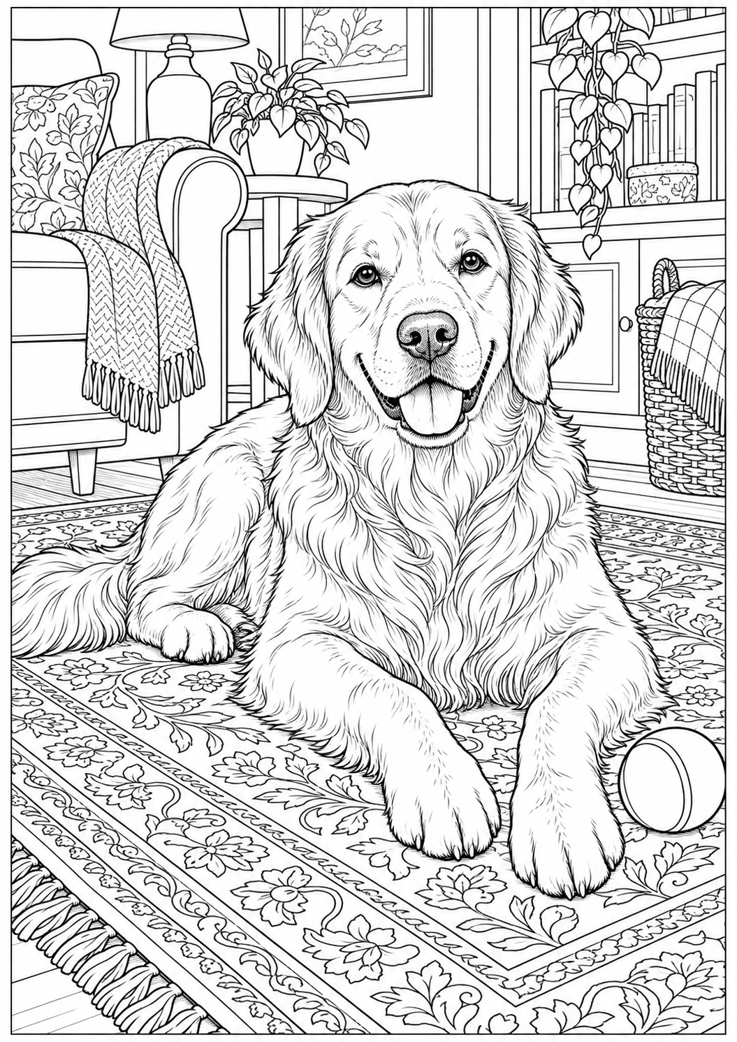 Een hond op het vloerkleed — zwart-wit kleurplaat voor volwassenen