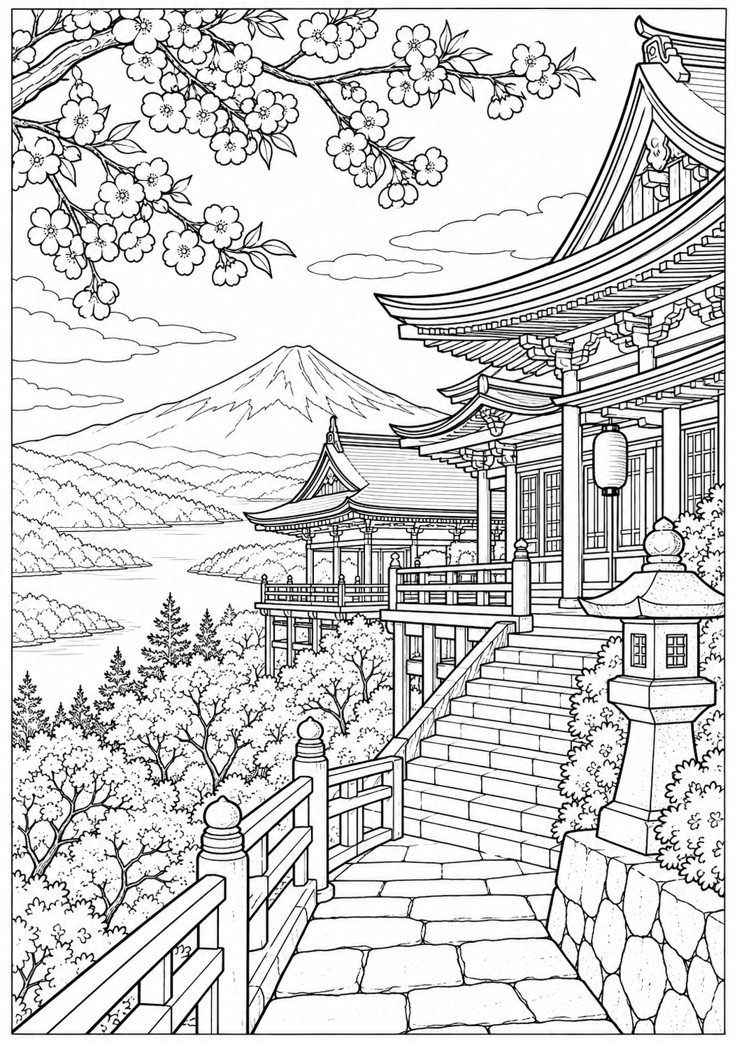 Een Japanse bergtempel — zwart-wit kleurplaat voor volwassenen