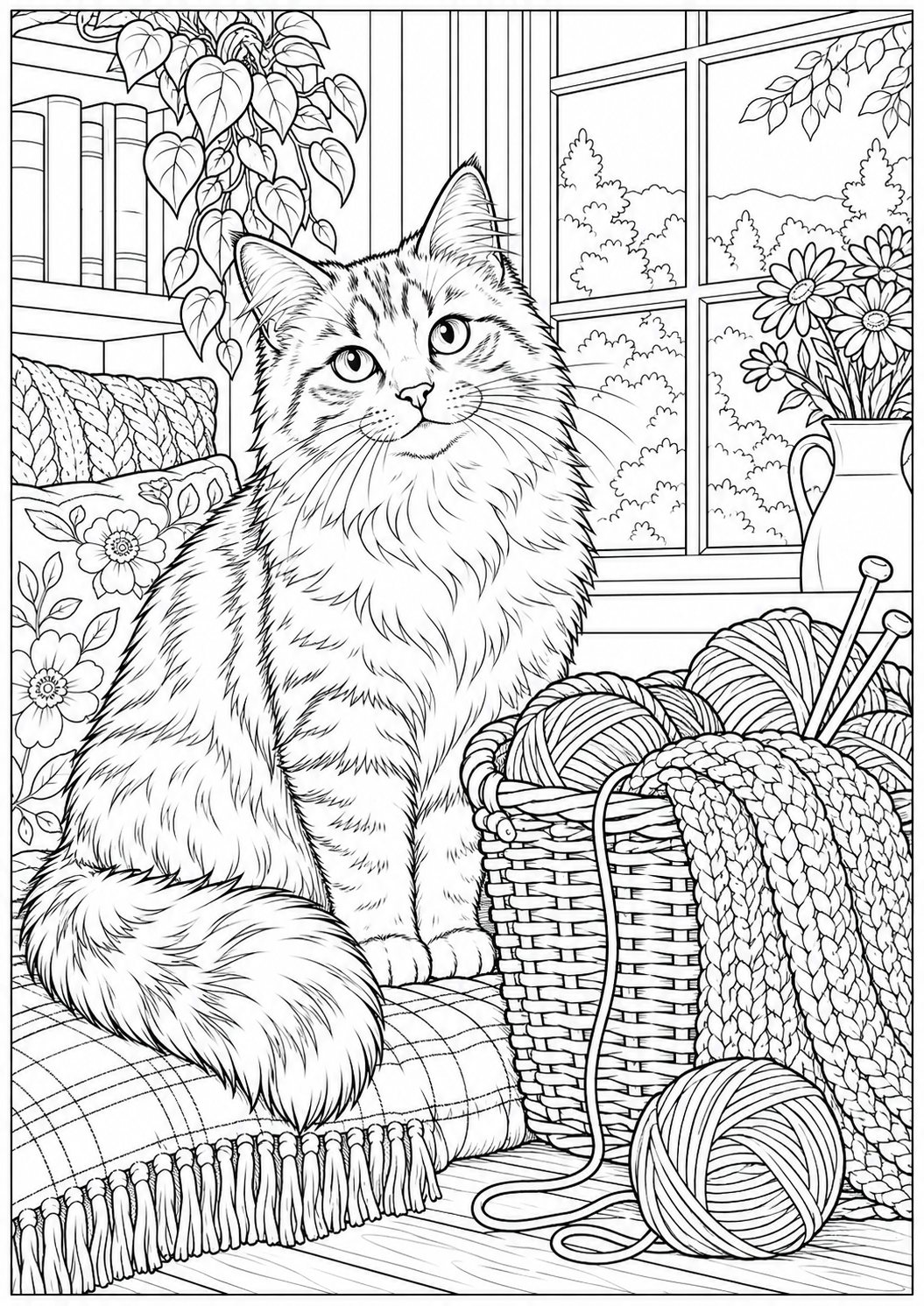 Een kat bij het breimandje — zwart-wit kleurplaat voor volwassenen