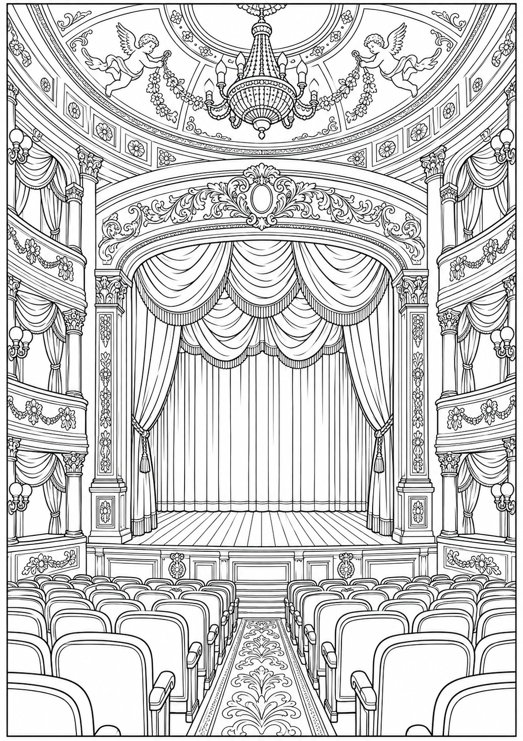 Een klassiek theaterinterieur — zwart-wit kleurplaat voor volwassenen
