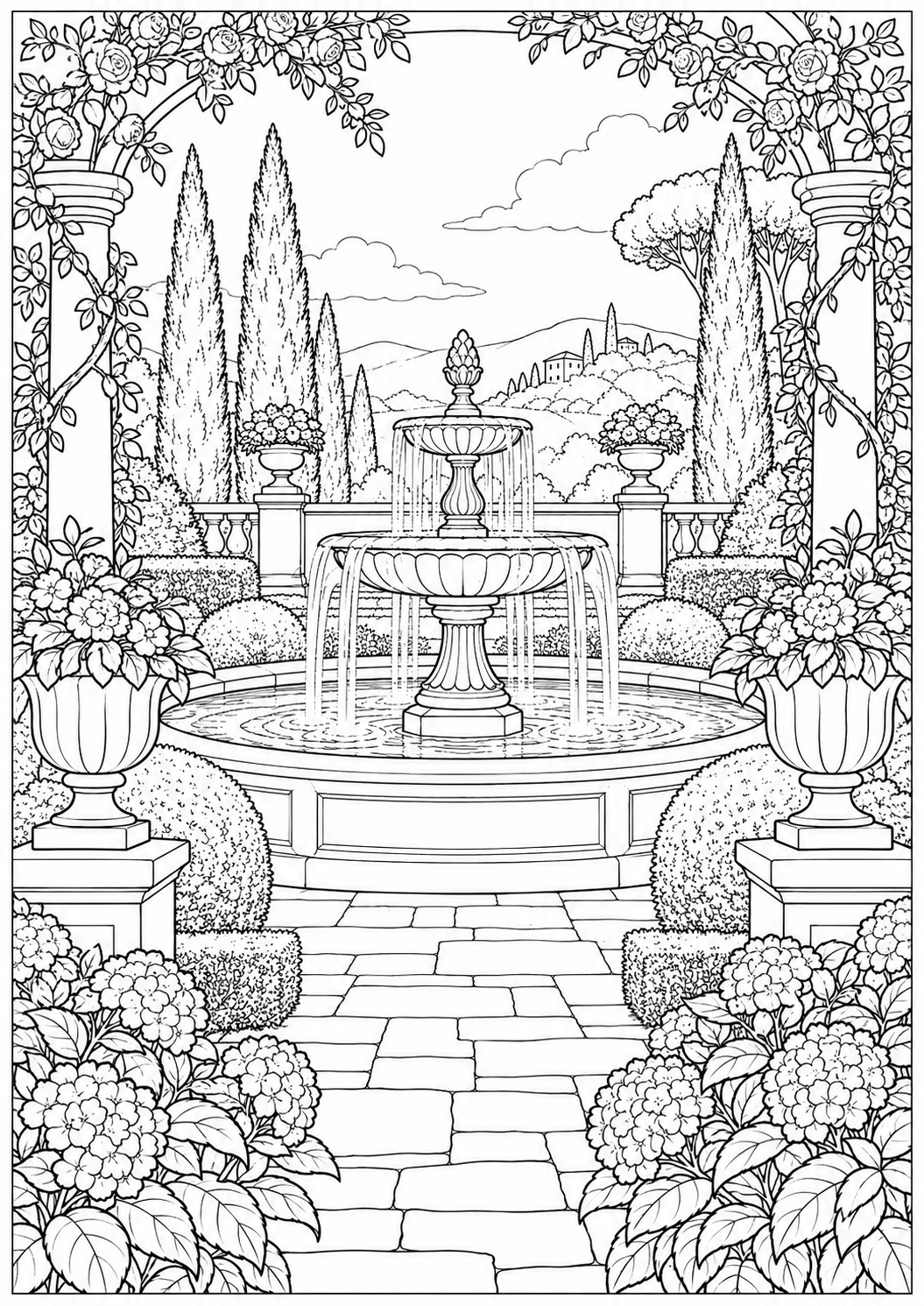 Een klassieke tuin met fontein — zwart-wit kleurplaat voor volwassenen