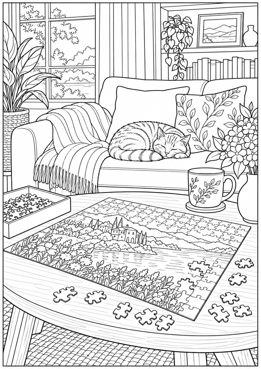 Een koffietafel met puzzel — zwart-wit kleurplaat voor volwassenen