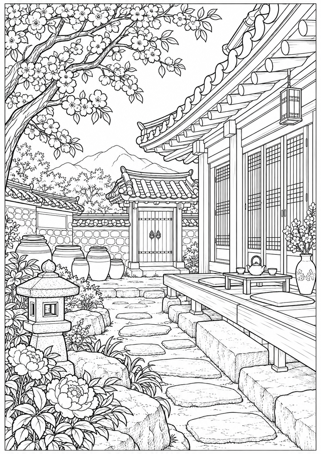 Een Koreaans binnenhof — zwart-wit kleurplaat voor volwassenen