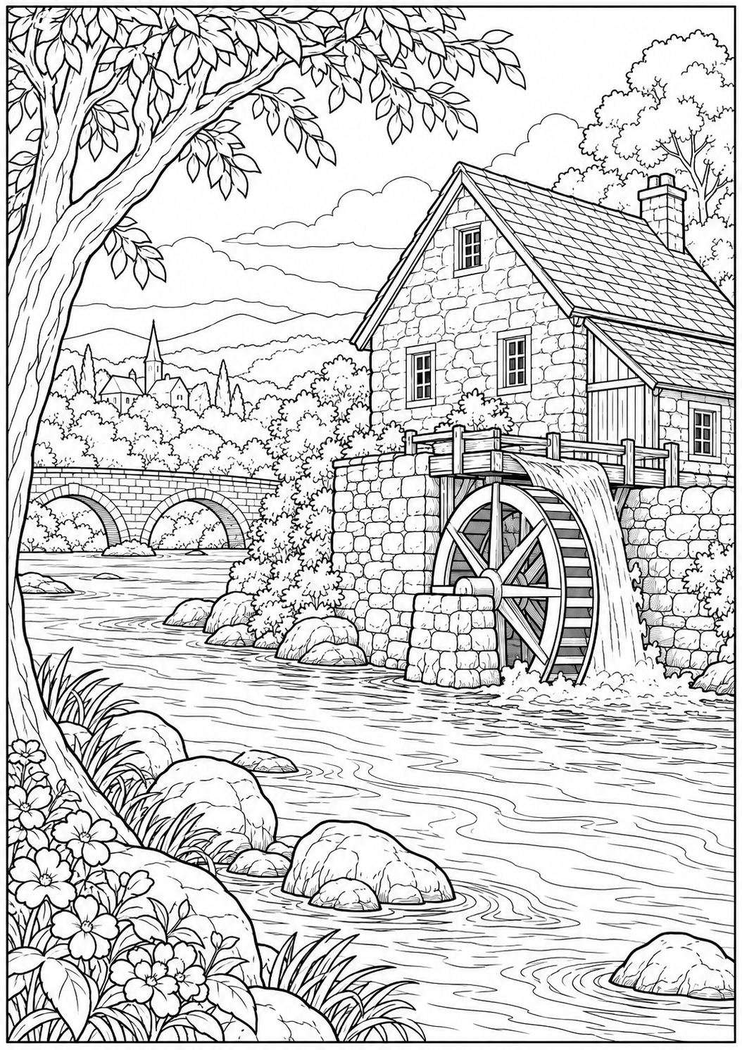 Een molen aan een brede rivier — zwart-wit kleurplaat voor volwassenen