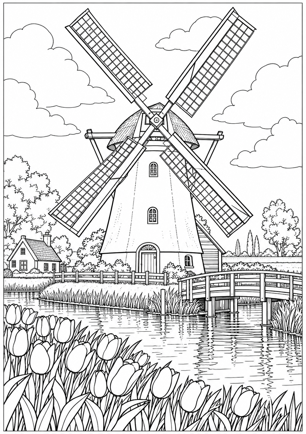 Een Nederlandse windmolen — zwart-wit kleurplaat voor volwassenen