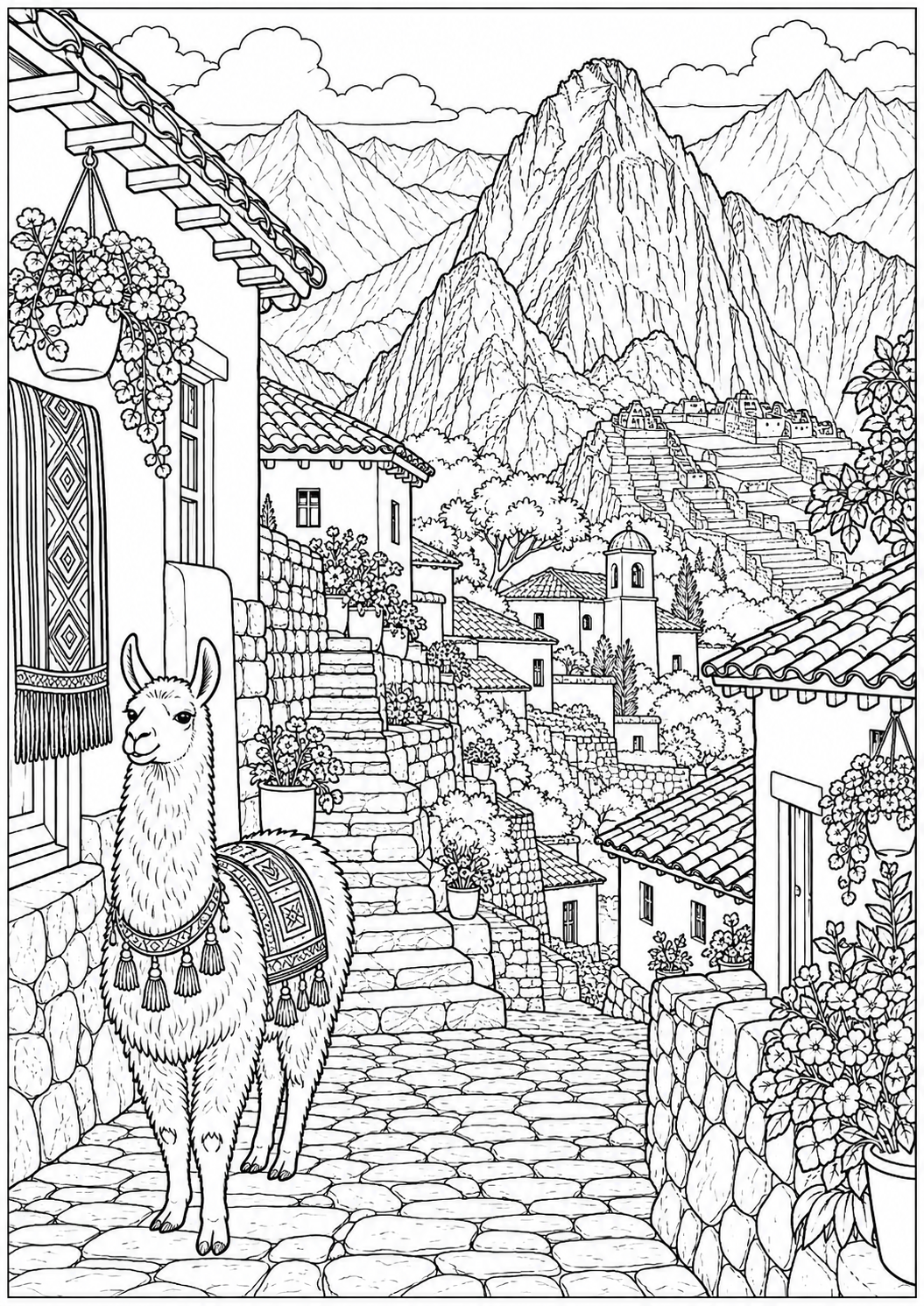 Een Peruaans bergdorp — zwart-wit kleurplaat voor volwassenen