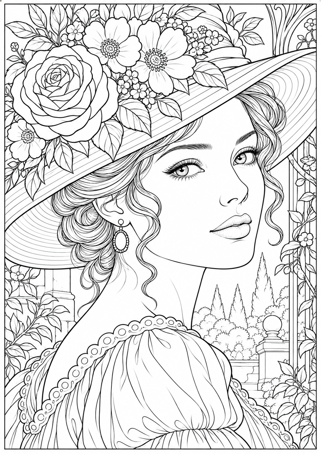 Een portret met een bloemenhoed — zwart-wit kleurplaat voor volwassenen