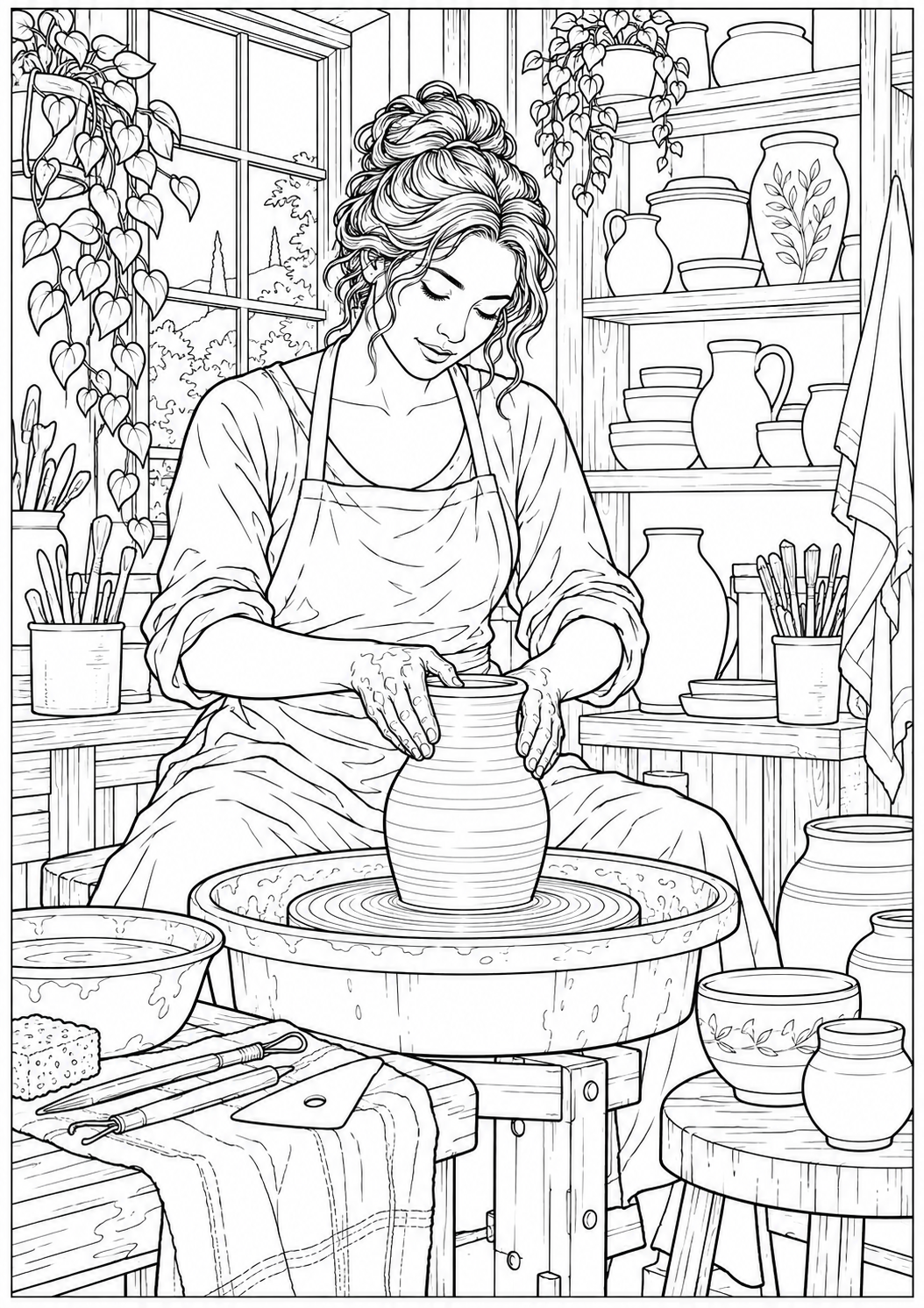 Een pottenbakker in een atelier — zwart-wit kleurplaat voor volwassenen