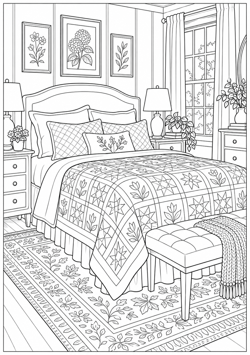 Een slaapkamer met quilt — zwart-wit kleurplaat voor volwassenen