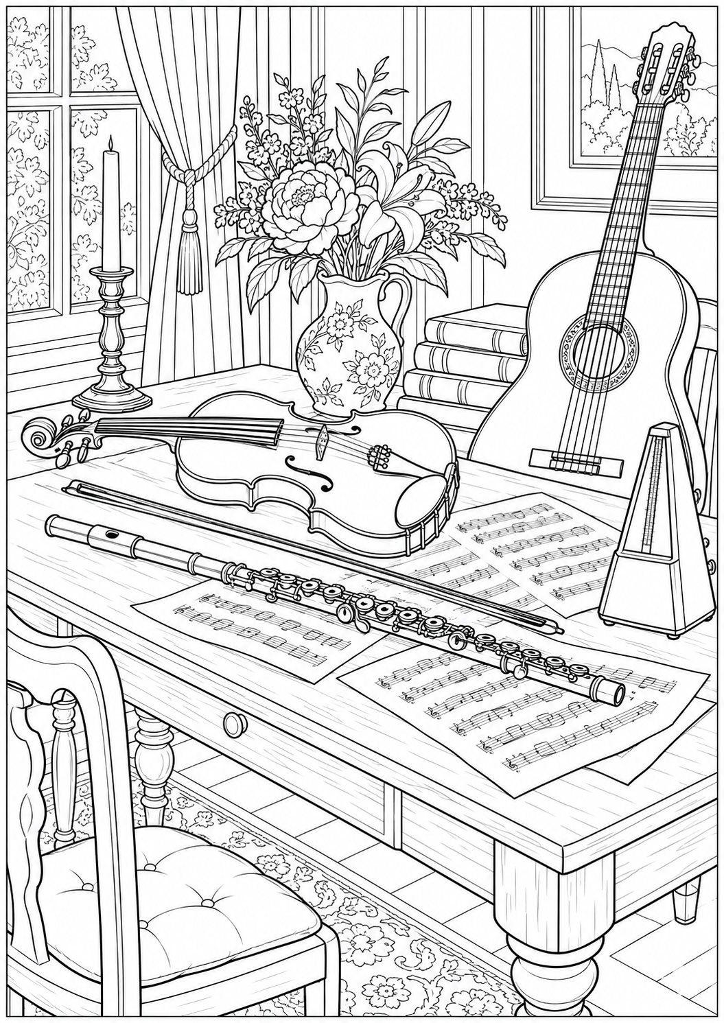 Een tafel met muziekinstrumenten — zwart-wit kleurplaat voor volwassenen