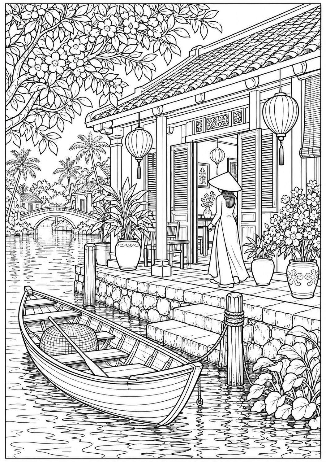 Een Vietnamees huis aan de rivier — zwart-wit kleurplaat voor volwassenen