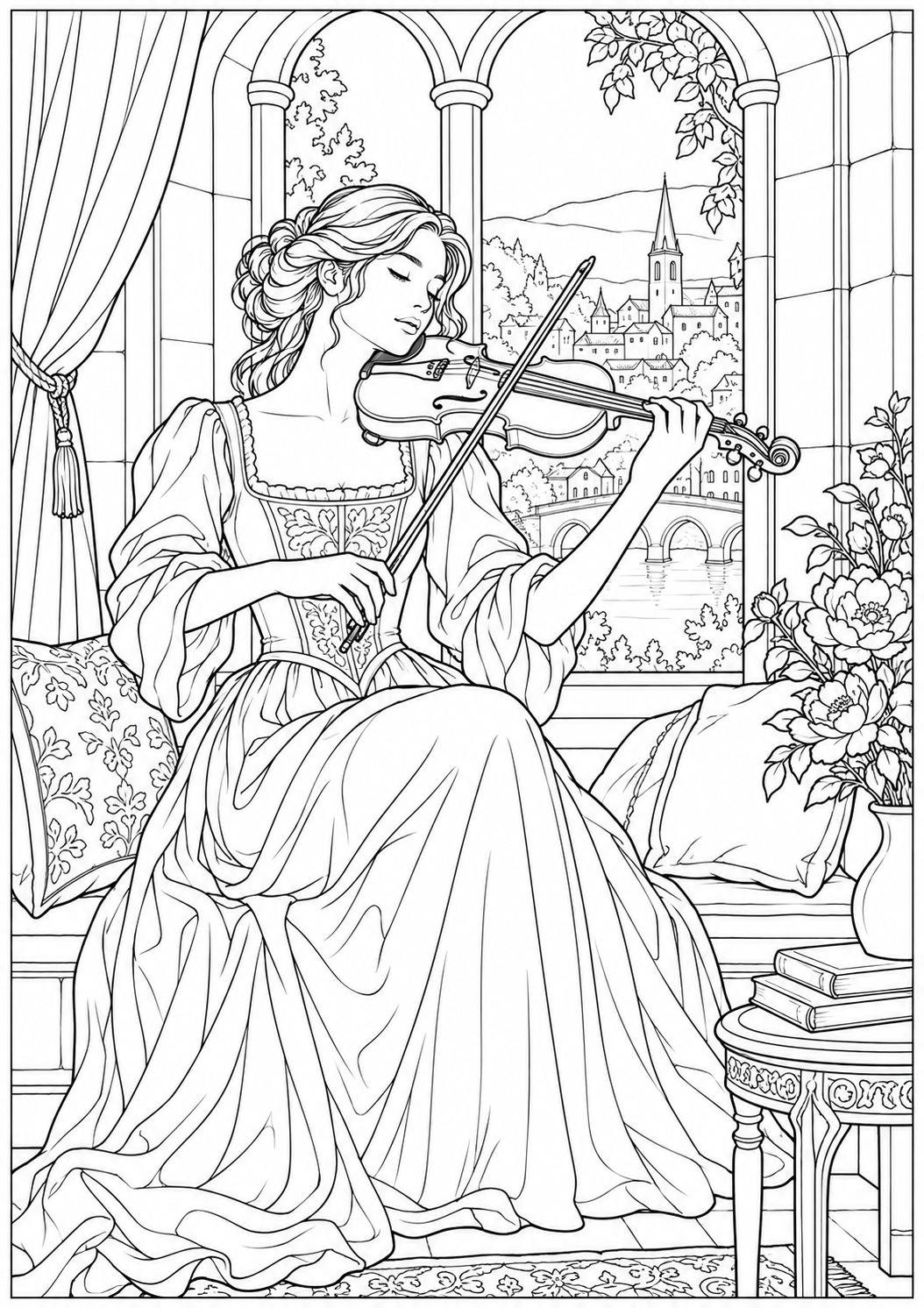 Een violist in een vensternis — zwart-wit kleurplaat voor volwassenen