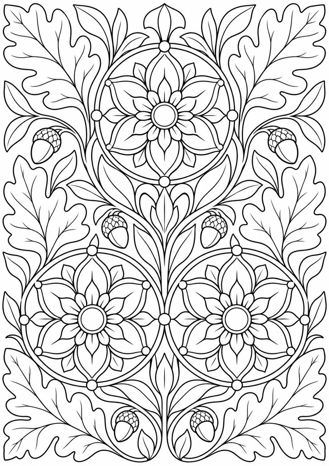 Eikenblad met bloemenmedaillons — zwart-wit kleurplaat voor volwassenen