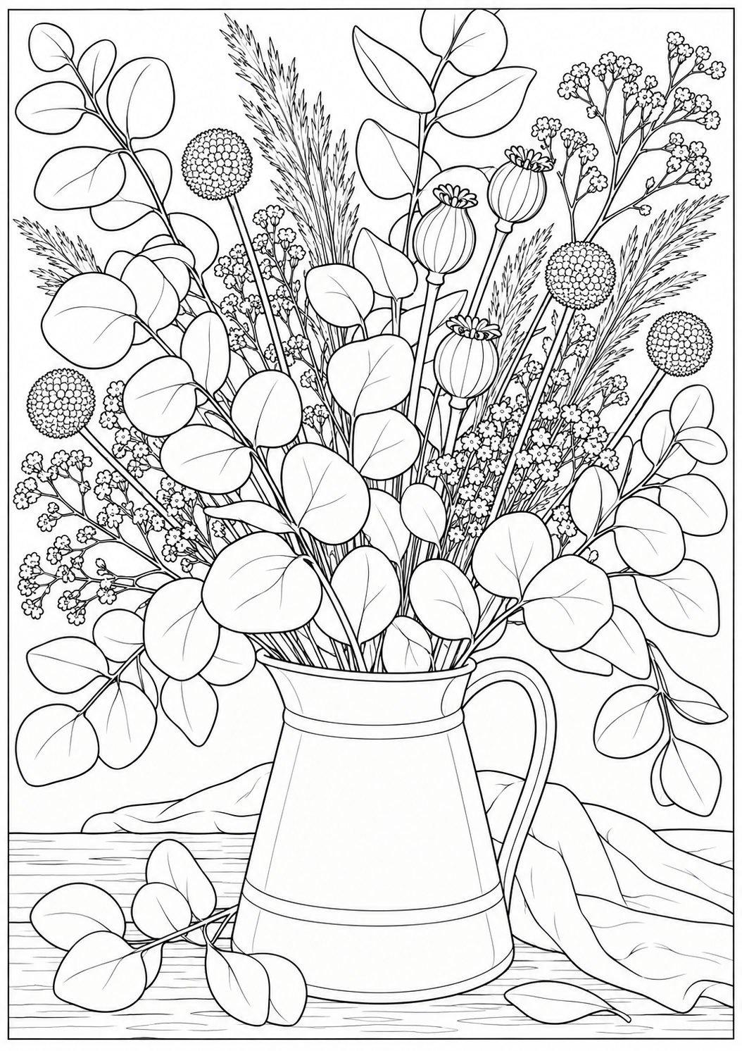 Eucalyptus en droogbloemen — zwart-wit kleurplaat voor volwassenen