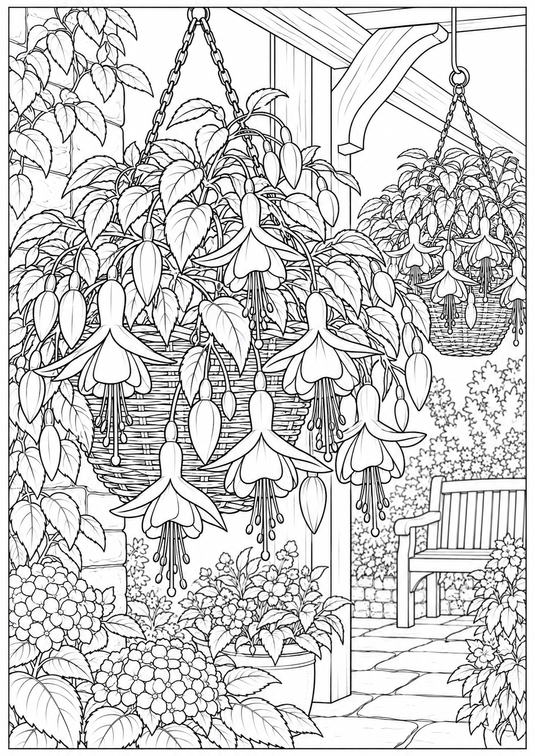 Fuchsia in hangende manden — zwart-wit kleurplaat voor volwassenen