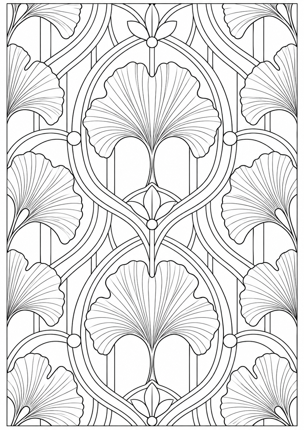 Ginkgo met geometrische bogen — zwart-wit kleurplaat voor volwassenen