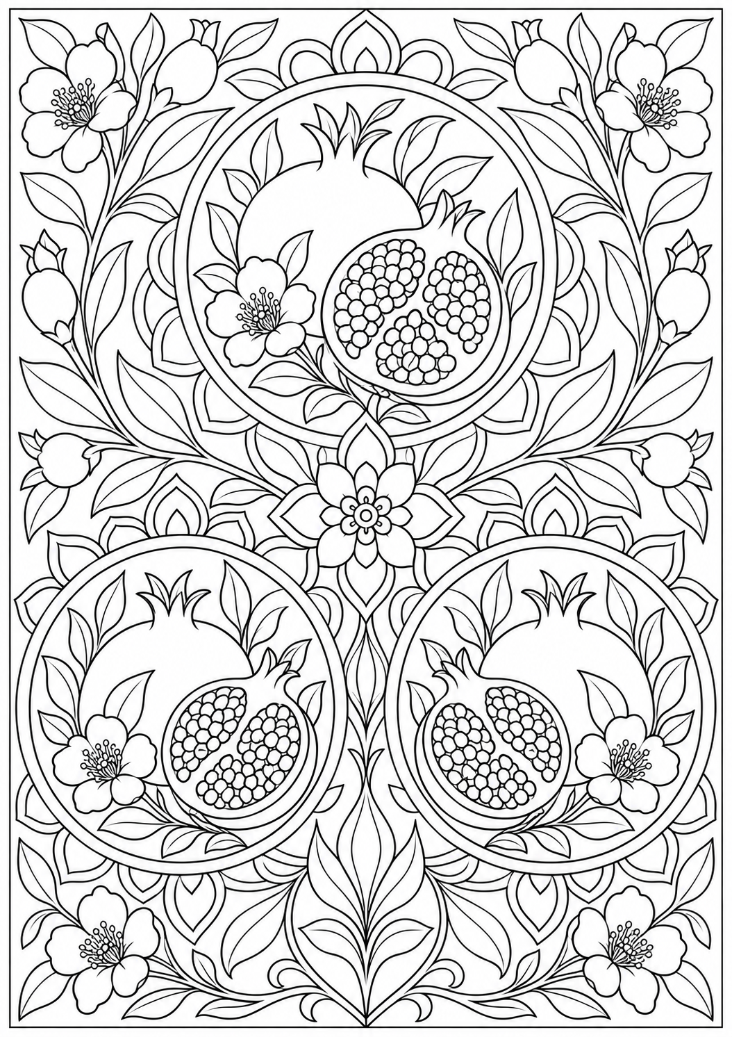 Granaatappel met bloemenmedaillons — zwart-wit kleurplaat voor volwassenen