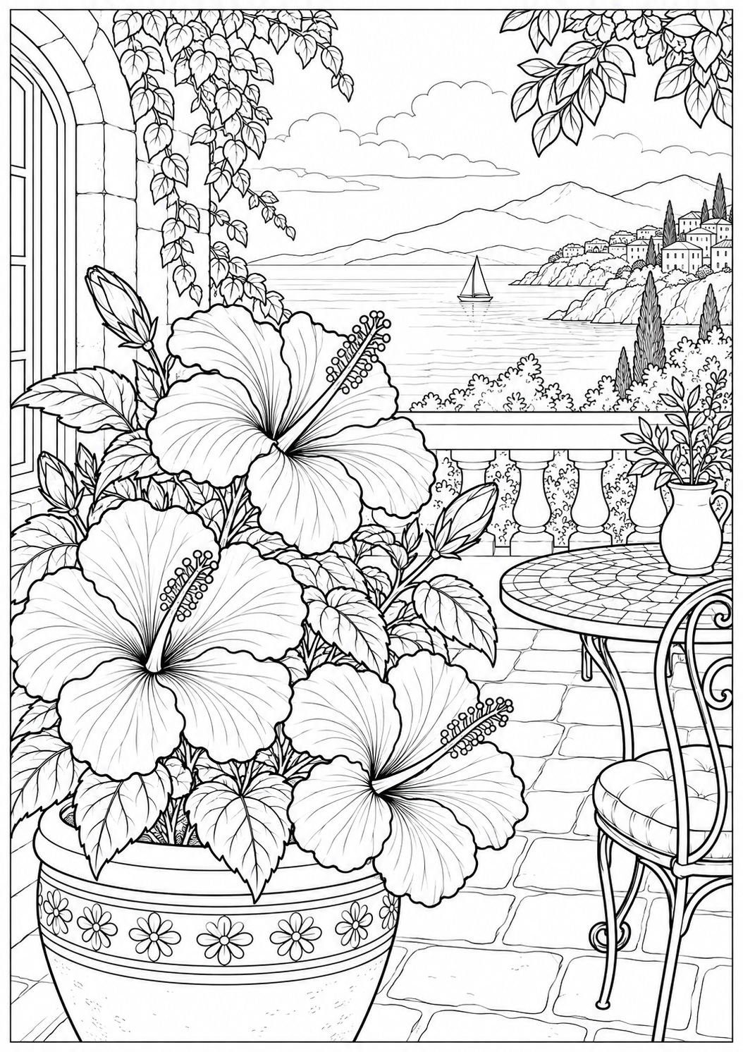 Hibiscus op het terras — zwart-wit kleurplaat voor volwassenen