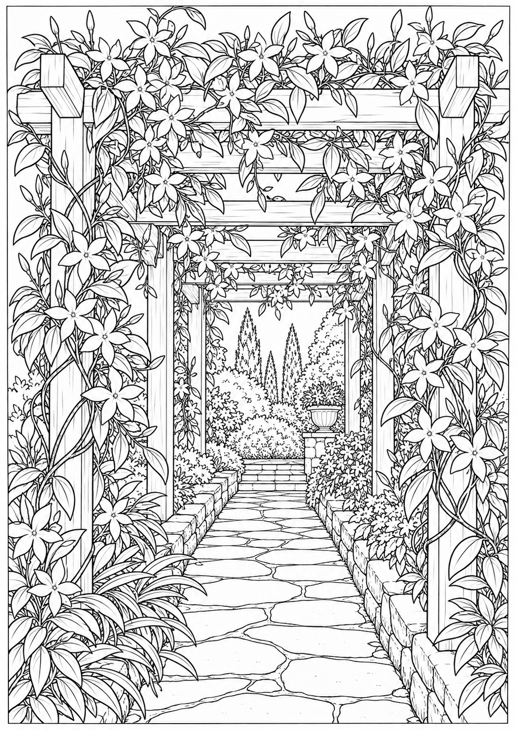 Jasmijn rond de pergola — zwart-wit kleurplaat voor volwassenen