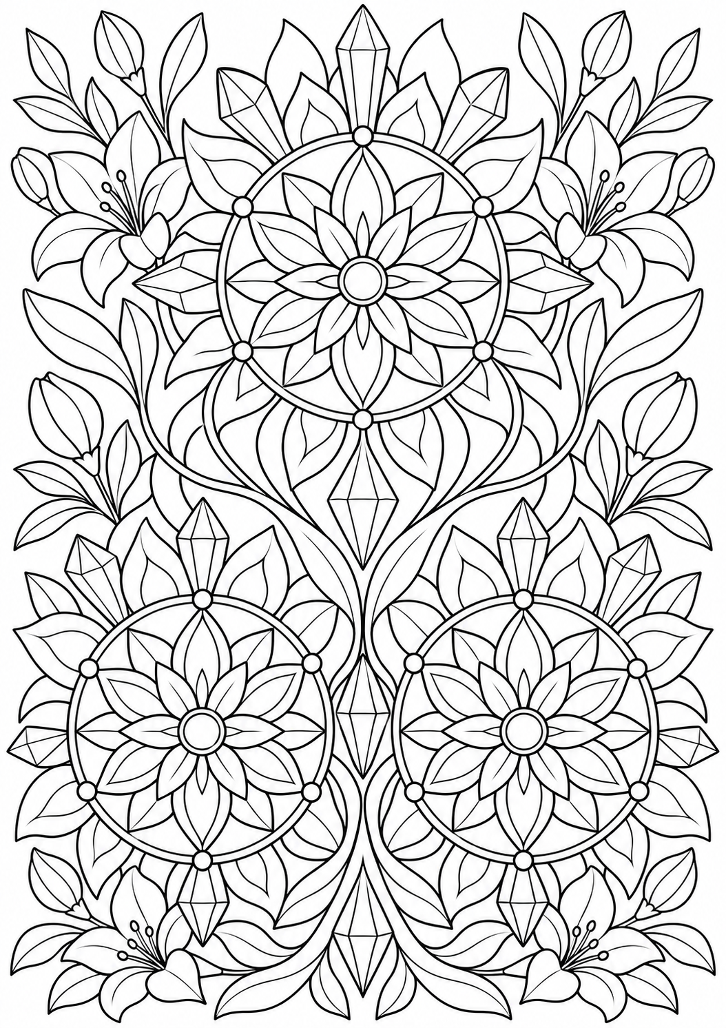 Kristal met bloemenmedaillons — zwart-wit kleurplaat voor volwassenen