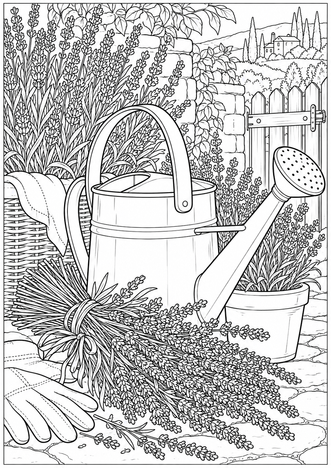 Lavendel en een gietertje — zwart-wit kleurplaat voor volwassenen