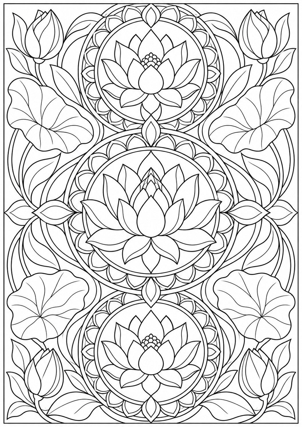 Lotus met bloemenmedaillons — zwart-wit kleurplaat voor volwassenen