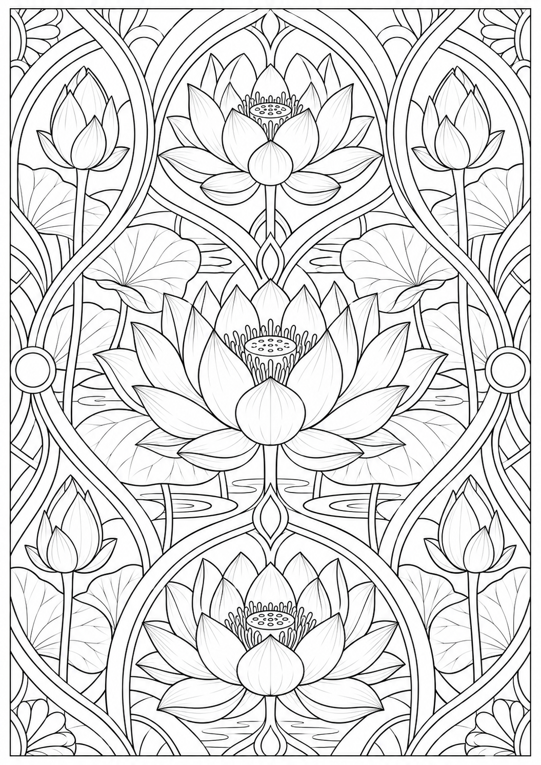 Lotus met geometrische bogen — zwart-wit kleurplaat voor volwassenen