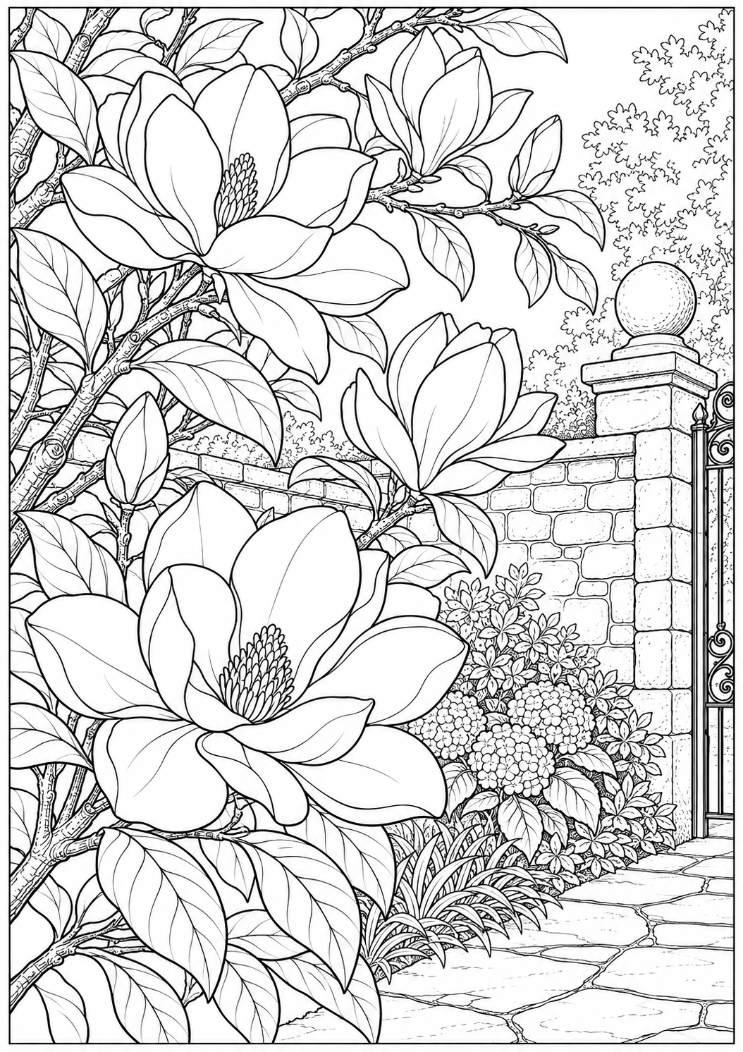 Magnolia langs een tuinmuur — zwart-wit kleurplaat voor volwassenen