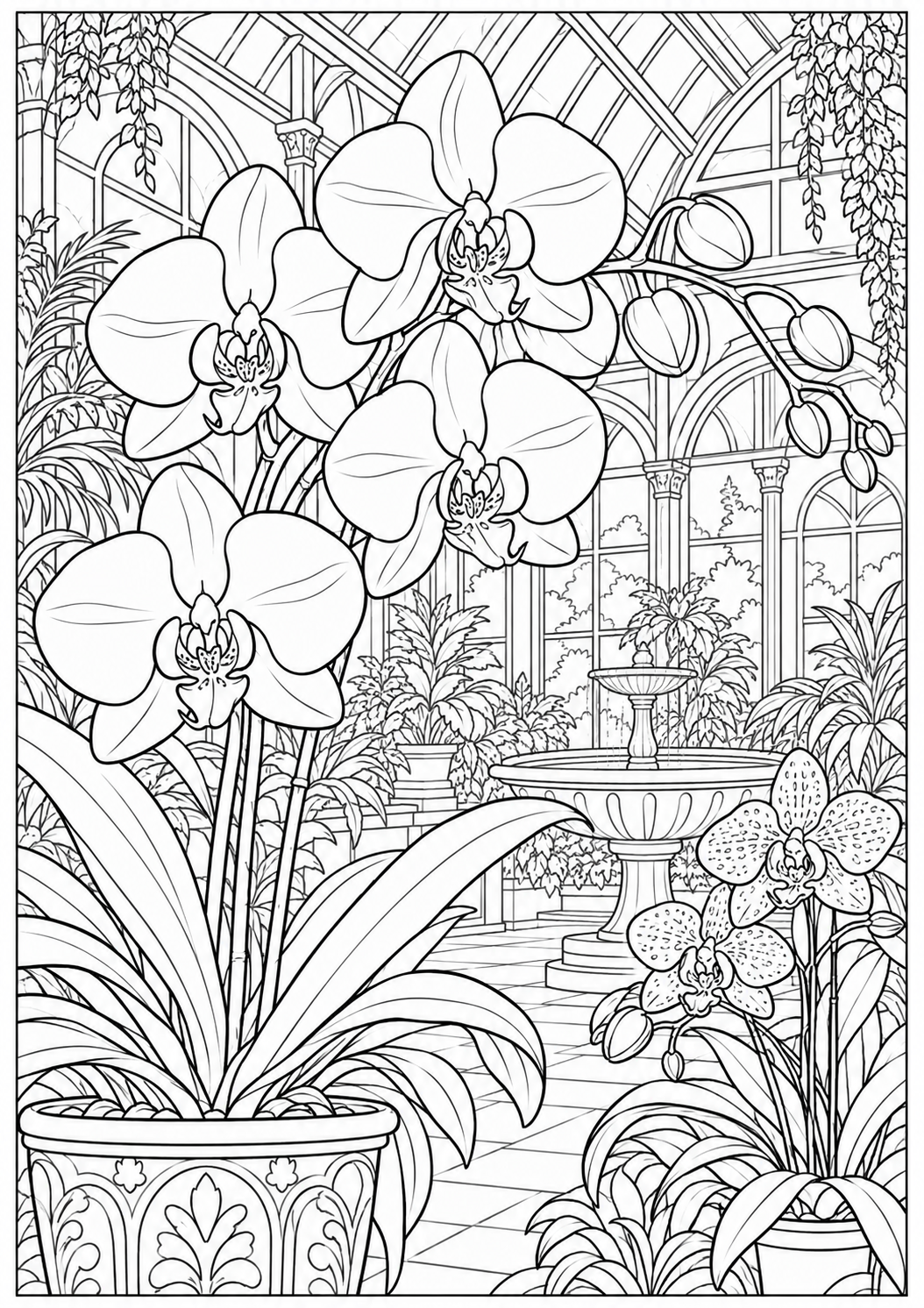 Orchideeën in de serre — zwart-wit kleurplaat voor volwassenen
