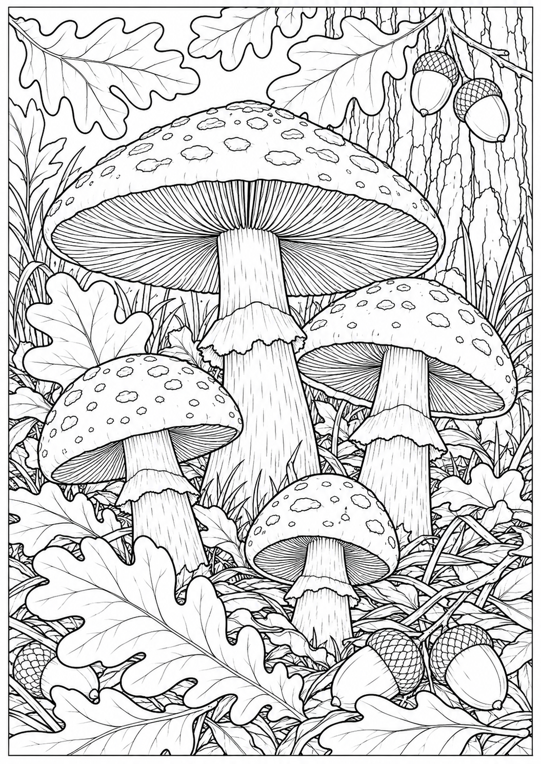 Paddenstoelen tussen eikenbladeren — zwart-wit kleurplaat voor volwassenen