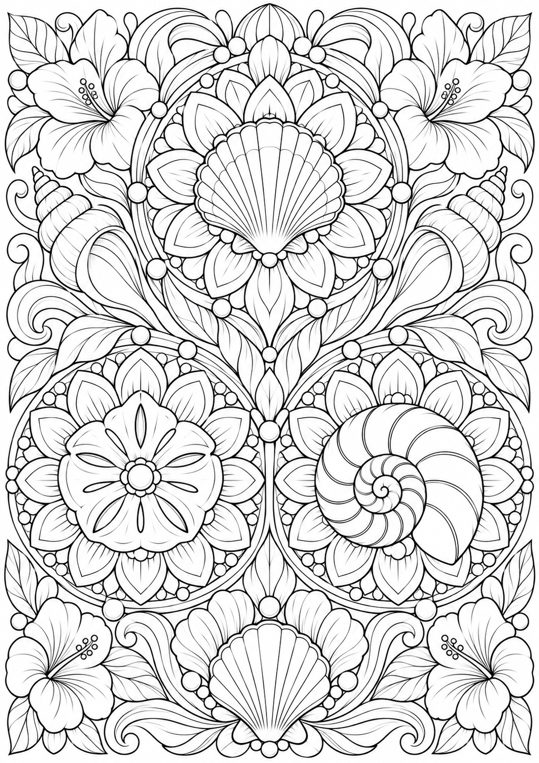 Schelp met bloemenmedaillons — zwart-wit kleurplaat voor volwassenen