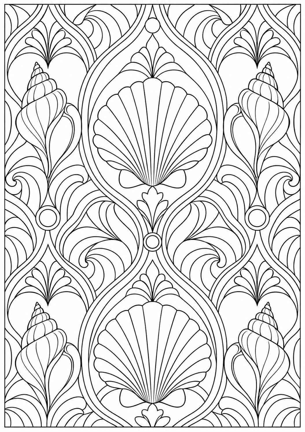 Schelp met geometrische bogen — zwart-wit kleurplaat voor volwassenen