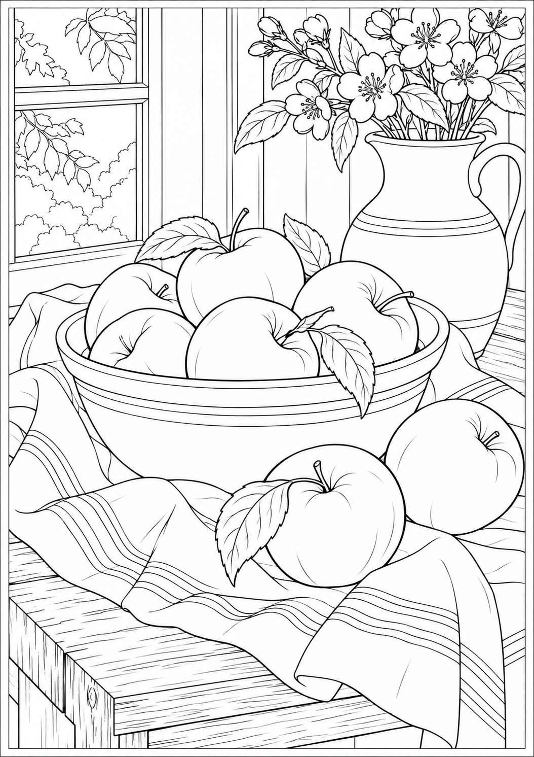 Stilleven met appels en linnen — zwart-wit kleurplaat voor volwassenen