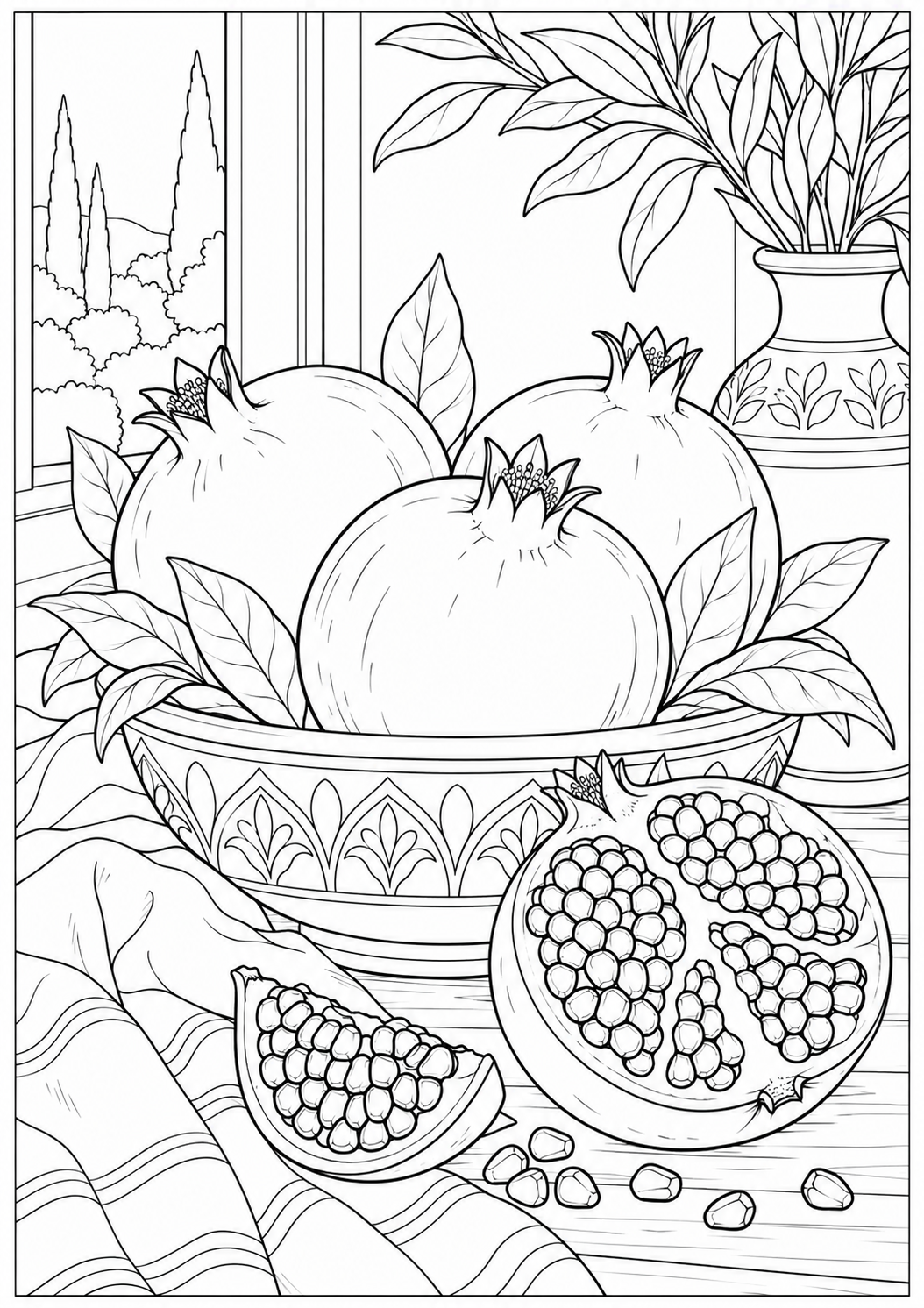 Stilleven met granaatappels — zwart-wit kleurplaat voor volwassenen