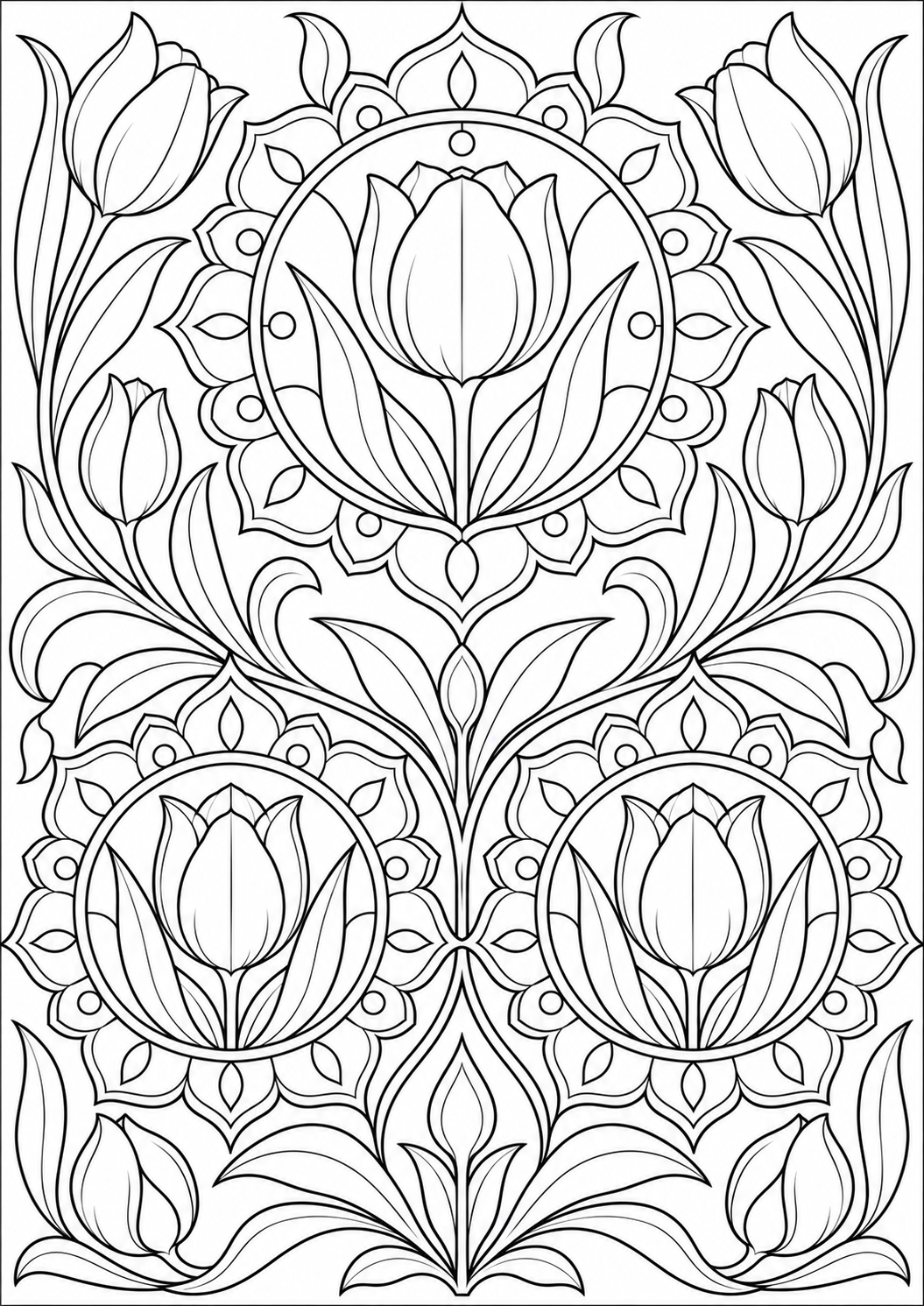 Tulp met bloemenmedaillons — zwart-wit kleurplaat voor volwassenen