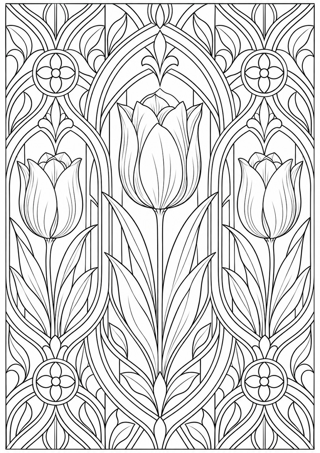Tulp met geometrische bogen — zwart-wit kleurplaat voor volwassenen