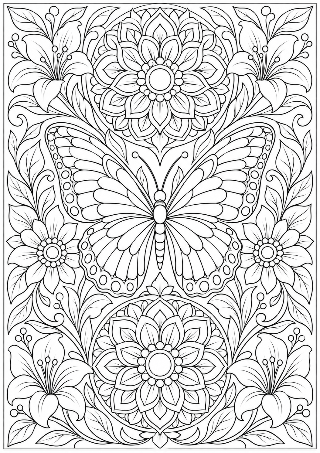 Vlinder met bloemenmedaillons — zwart-wit kleurplaat voor volwassenen