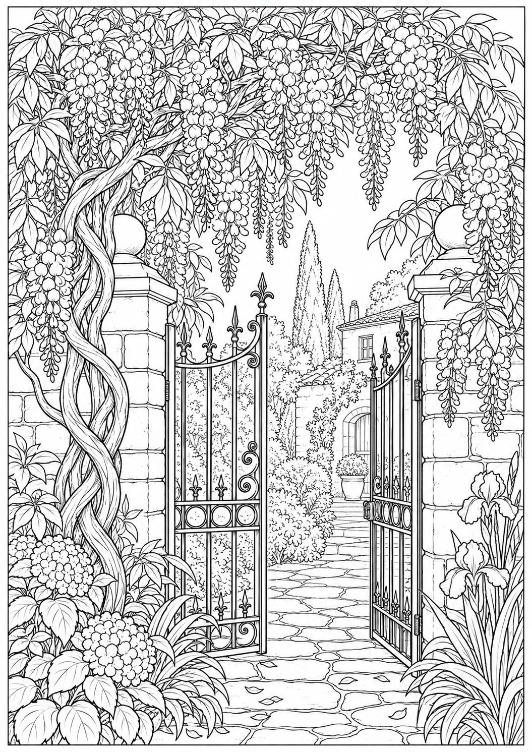 Wisteria rond een tuinpoort — zwart-wit kleurplaat voor volwassenen
