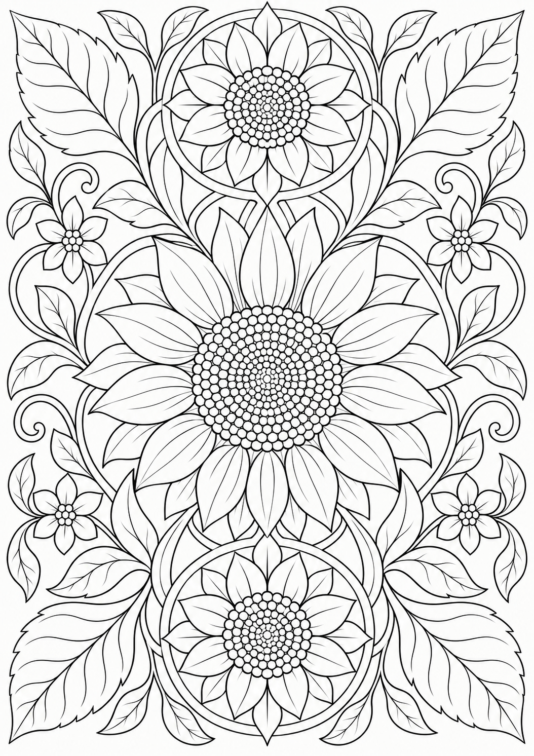 Zonnebloem met bloemenmedaillons — zwart-wit kleurplaat voor volwassenen
