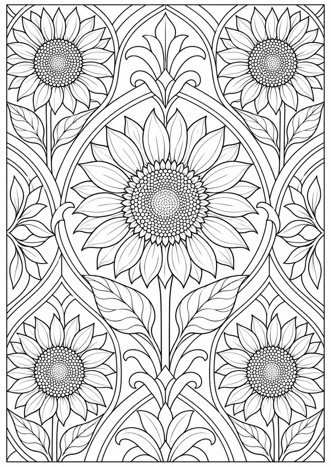 Zonnebloem met geometrische bogen — zwart-wit kleurplaat voor volwassenen