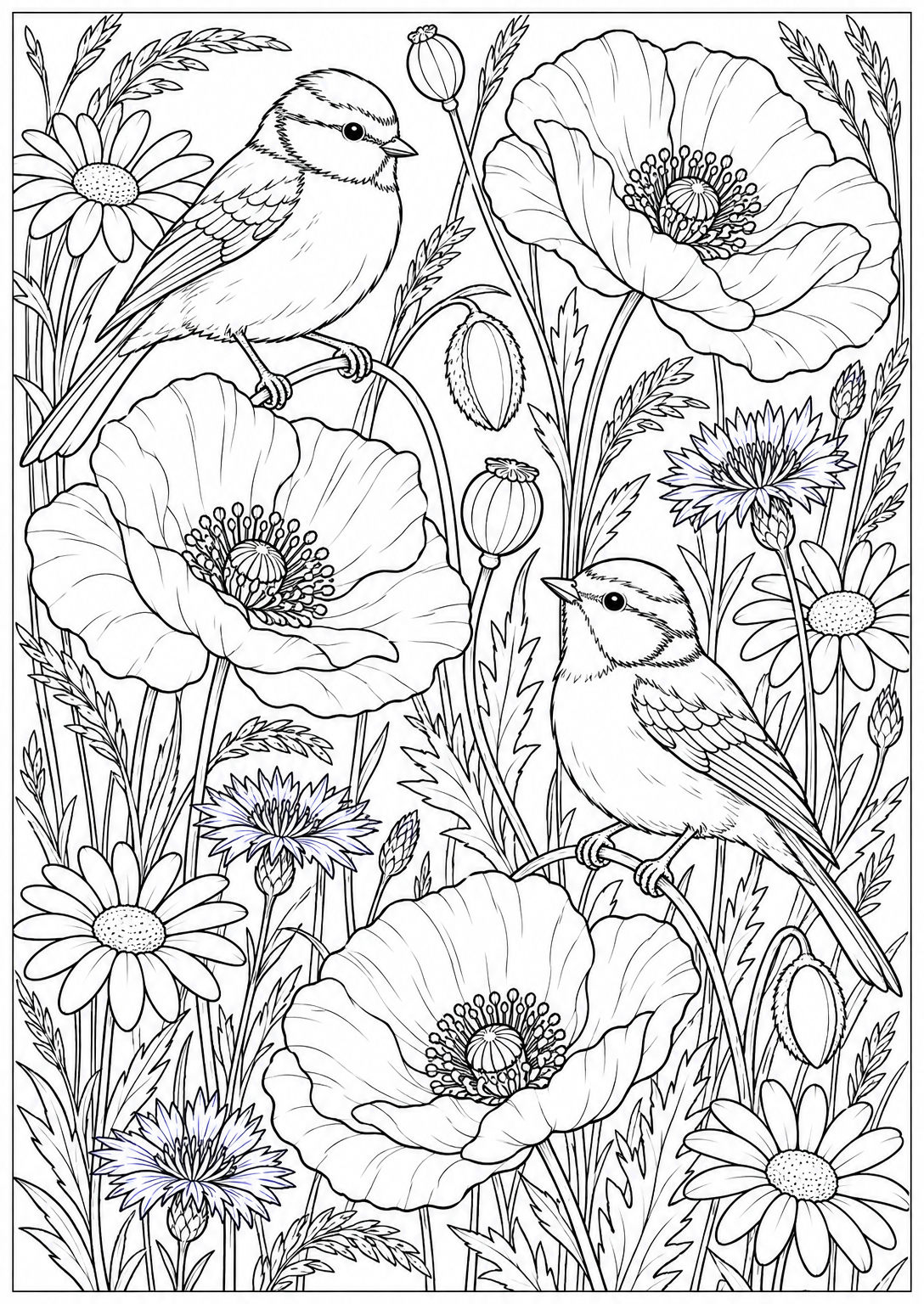 Vogels tussen de veldbloemen — zwart-wit kleurplaat voor volwassenen